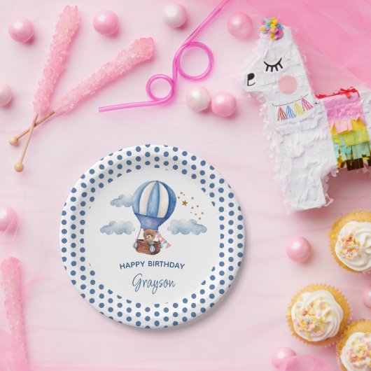 テディベアーブルー1歳の誕生日 ペーパープレート (パーティー)
