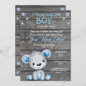 テディベアーベイビーシャワー招待状、素朴な青い男の子 招待状 (正面/裏面)