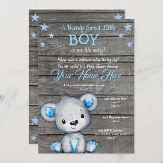 テディベアーベイビーシャワー招待状、素朴な青い男の子 招待状 (正面/裏面)