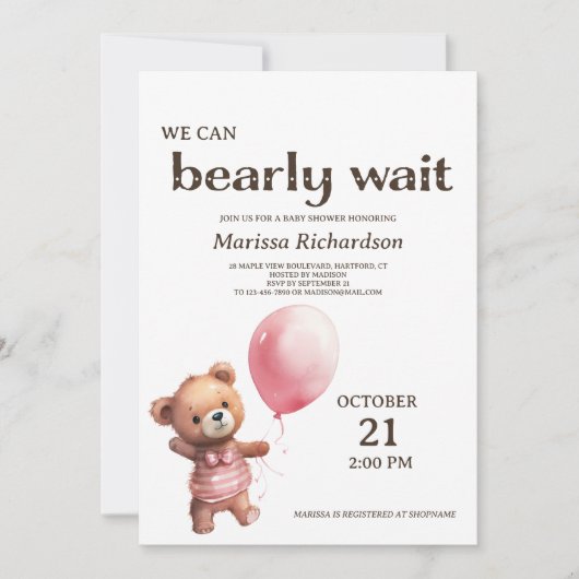 テディベアーベビーガールシャワー招待状 招待状 (正面)