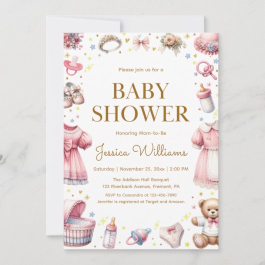 テディベアーベビーガールシャワー招待状 招待状 (正面)