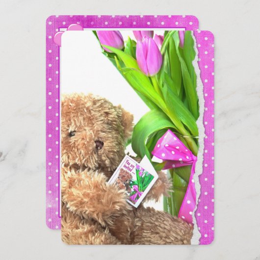 テディベアーベビーガールシャワー 招待状 (正面/裏面)