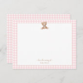 テディベアーベビーガールピンクと白いギンガム縁ど サンキューカード (正面/裏面)