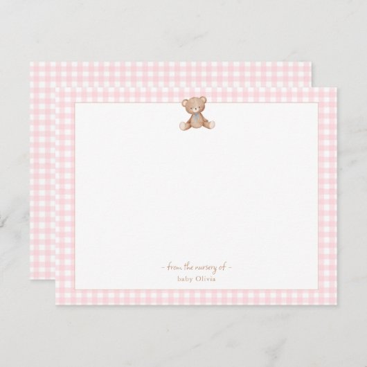 テディベアーベビーガールピンクと白いギンガム縁ど サンキューカード (正面/裏面)