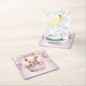 テディベアーベビーガールピンクの花のパーティー スクエアペーパーコースター (インサイチュ)