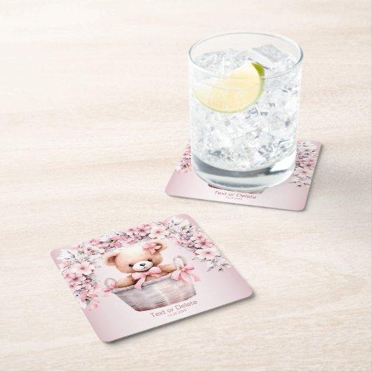 テディベアーベビーガールピンクの花のパーティー スクエアペーパーコースター (インサイチュ)