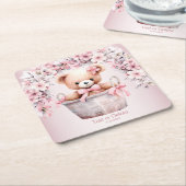 テディベアーベビーガールピンクの花のパーティー スクエアペーパーコースター (アングル)