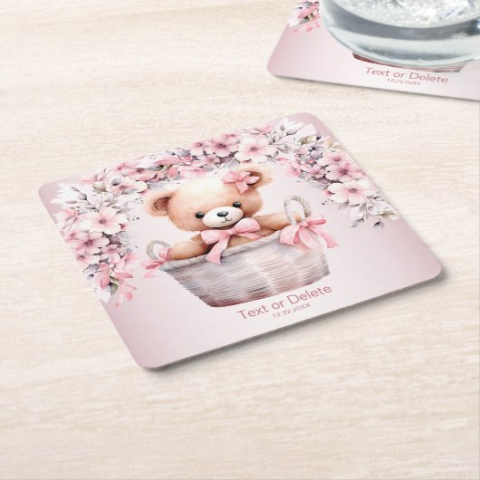 テディベアーベビーガールピンクの花のパーティー スクエアペーパーコースター (アングル)