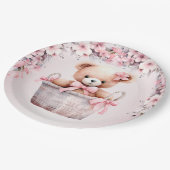 テディベアーベビーガールピンクの花のパーティー ペーパープレート (アングル)