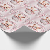 テディベアーベビーガールピンクの花のパーティー ラッピングペーパー (角)