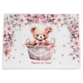 テディベアーベビーガールピンクの花のパーティー ラージペーパーバッグ (正面)