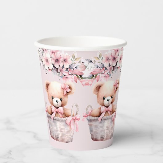 テディベアーベビーガールピンクの花のパーティー 紙コップ (正面)