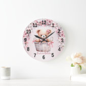 テディベアーベビーガールピンクの花エレガント雛 ラージ壁時計 (ホーム)