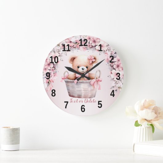 テディベアーベビーガールピンクの花エレガント雛 ラージ壁時計 (ホーム)