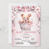 テディベアーベビーガールピンク花赤ちゃんシャワー 招待状 (正面)