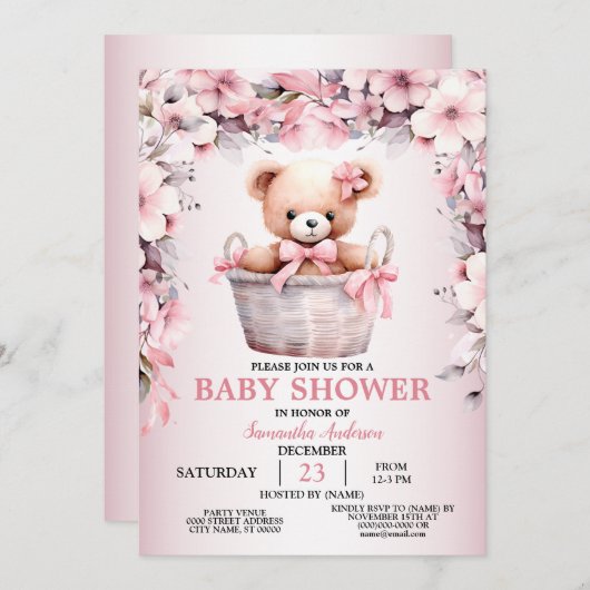 テディベアーベビーガールピンク花赤ちゃんシャワー 招待状 (正面/裏面)