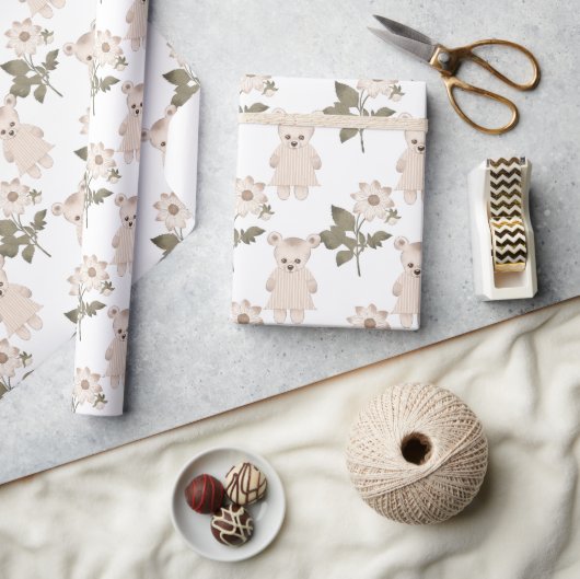 テディベアーベビーガールフローラニュートラルベビーシャワー ラッピングペーパー (クラフト)