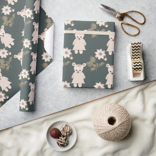 テディベアーベビーガールフローラベビーシャワー ラッピングペーパー (クラフト)