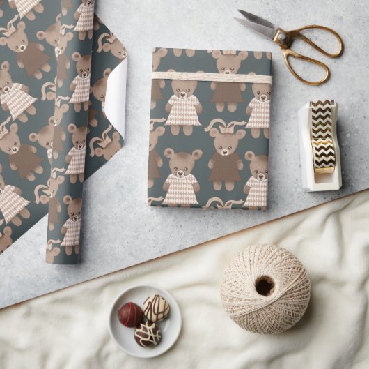 テディベアーベビーガールベビーシャワー ラッピングペーパー (クラフト)