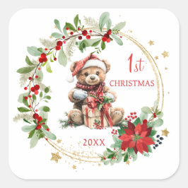 テディベアーベージュポインセチアベビー1stクリスマス スクエアシール