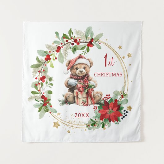 テディベアーベージュポインセチアベビー1stクリスマス タペストリー (正面)
