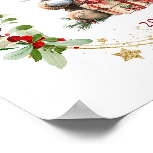 テディベアーベージュポインセチアベビー1stクリスマス ポスター (角)