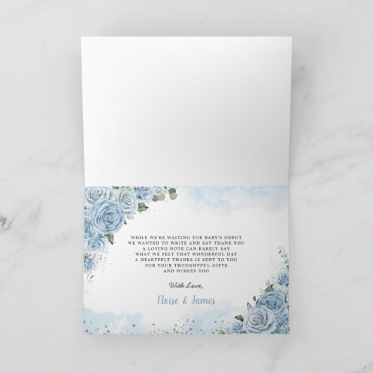 テディベアーホットエアバルーンブルーフローラベビーシャワー サンキューカード (内部)