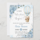 テディベアーホットエアバルーンブルーフローラベビーシャワー 招待状 (正面)