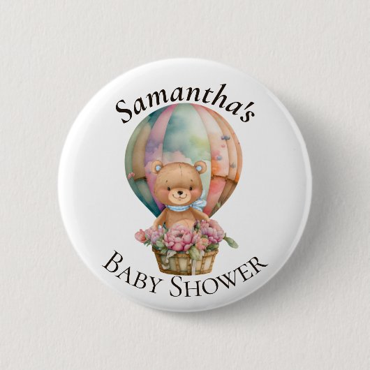 テディベアーホットエアバルーンブルーベビーシャワー 缶バッジ (正面)