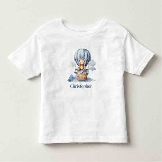 テディベアーホットエアバルーンブルーボーイパーソナライズされた トドラーTシャツ (正面)