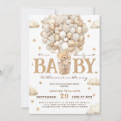 テディベアーホットエアバルーンベビーシャワーホワイトタン 招待状 (正面)