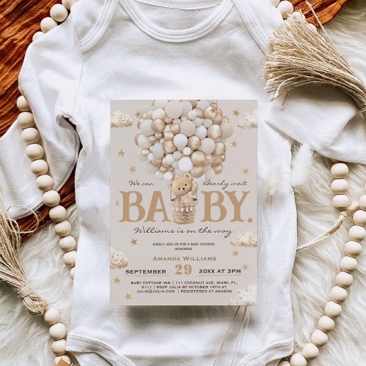 テディベアーホットエアバルーンベビーシャワー金ゴールドタン 招待状