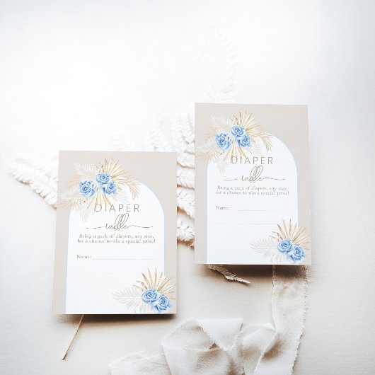 テディベアーボホーブルーボーイベビーシャワーおむつラッフル エンクロージャーカード