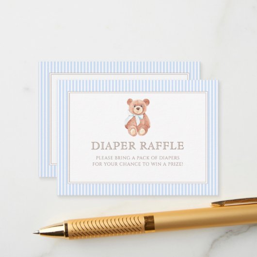 テディベアーボーイクラシックベビーシャワーおむつラッフル エンクロージャーカード (正面/裏面インサイチュ)