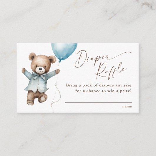テディベアーボーイズ赤ちゃんシャワーおむつラッフル エンクロージャーカード (正面)