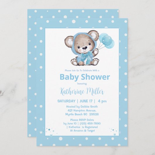 テディベアーボーイズ青ベビーシャワー 招待状 (正面/裏面)