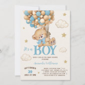 テディベアーボーイブルーバルーンベビーシャワー 招待状 (正面)