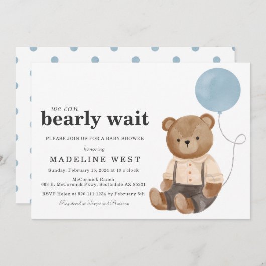 テディベアーボーイブルーベビーシャワー招待状 招待状 (正面/裏面)