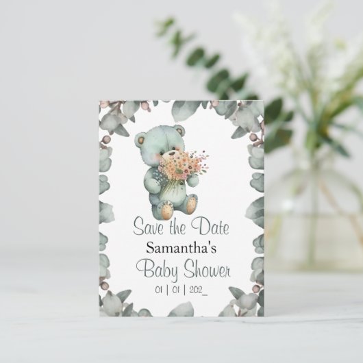 テディベアーボーイ水彩赤ちゃんシャワー ポストカード (スタンド正面)