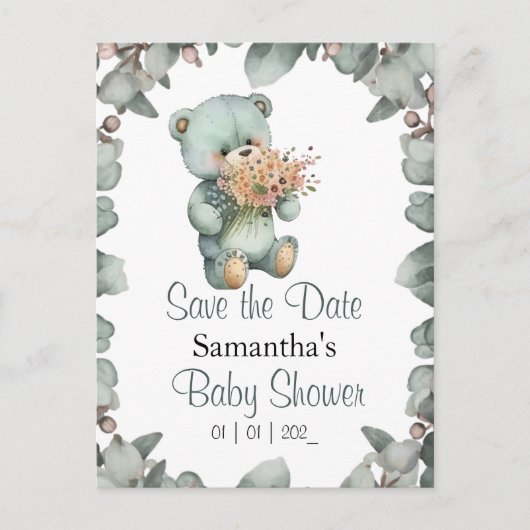 テディベアーボーイ水彩赤ちゃんシャワー ポストカード (正面)