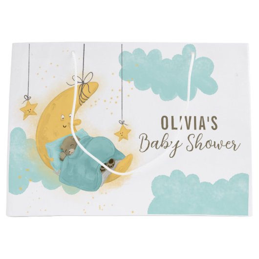 テディベアームーンスターズボーイベビーシャワー ラージペーパーバッグ (正面)