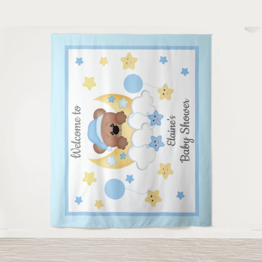 テディベアームーンスターズ男の赤ちゃんシャワーバック タペストリー (正面)
