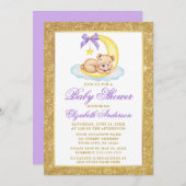 テディベアームーン金ゴールドグリッターベビーシャワーパープル 招待状 (正面/裏面)