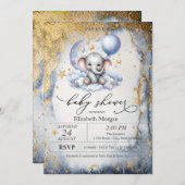 テディベアームーン、星の水の色ベビーシャワー 招待状 (正面/裏面)