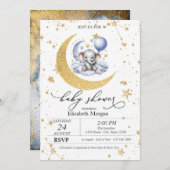 テディベアームーン、星の水の色ベビーシャワー 招待状 (正面/裏面)