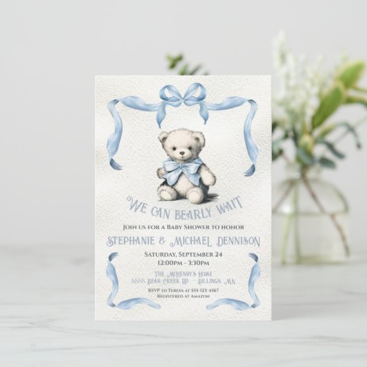 テディベアーリボン弓の水の色ベビーシャワー 招待状 (スタンド正面)