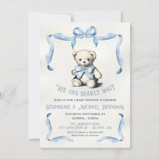 テディベアーリボン弓の水の色ベビーシャワー 招待状 (正面)