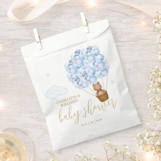 テディベアーリーウェイブルーボーイベビーシャワー フェイバーバッグ (クリップ留めされた状態)