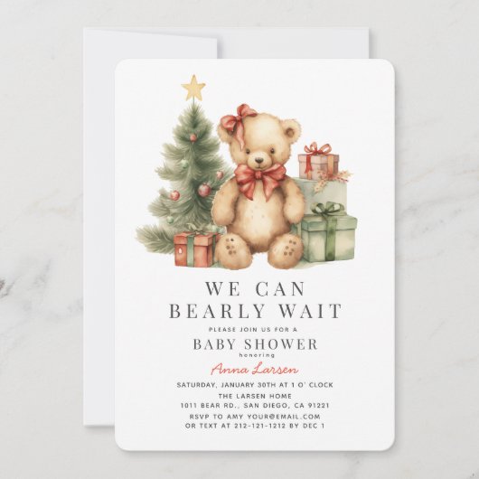 テディベアーリーウェイホリデーガールベビーシャワー 招待状 (正面)
