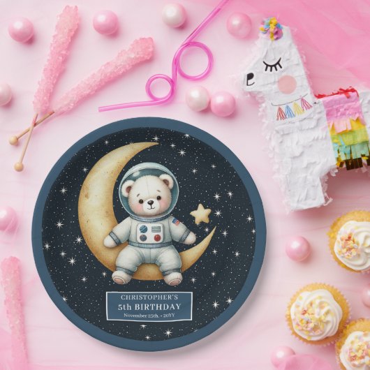 テディベアー宇宙飛行士男の赤ちゃんファースト誕生日プレート ペーパープレート (パーティー)